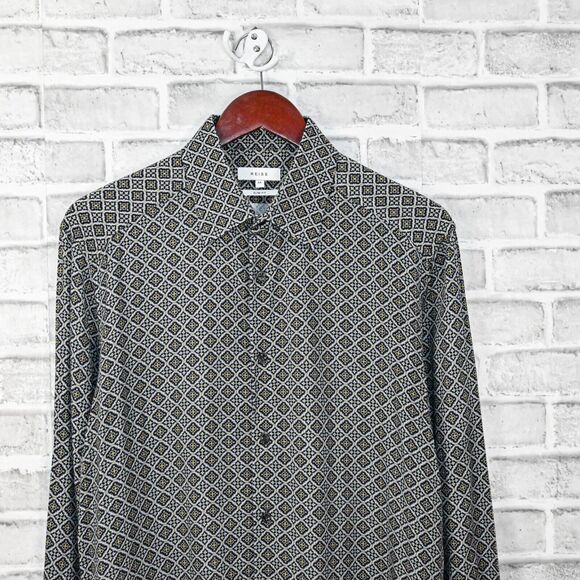 REISS Men's Button up Tatten Shirt Geo Print viscose size Medium slim fit - Picture 4 of 7